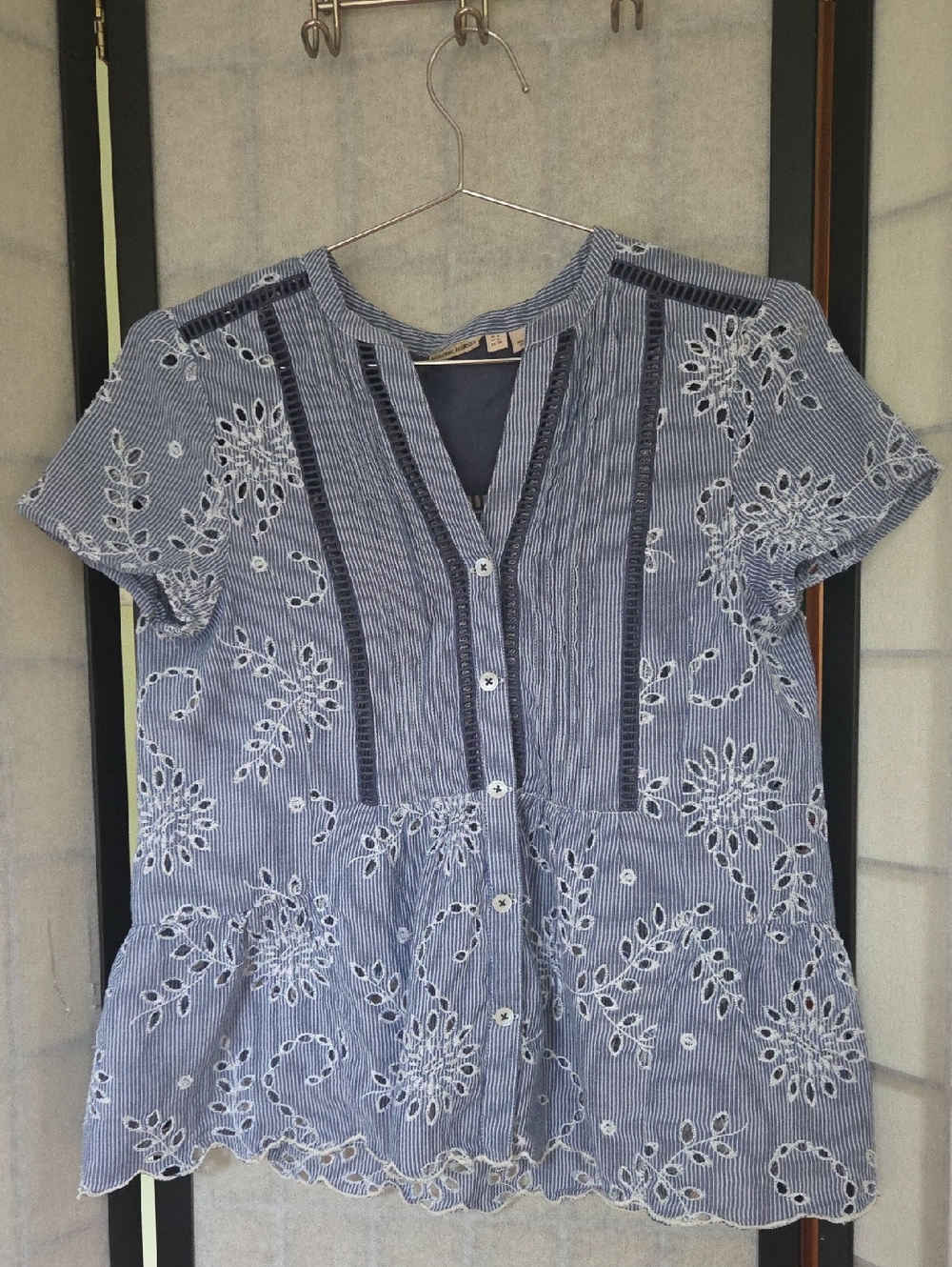 Blue Striped Eyelet Button-Front Peplum Top 100% Cotton